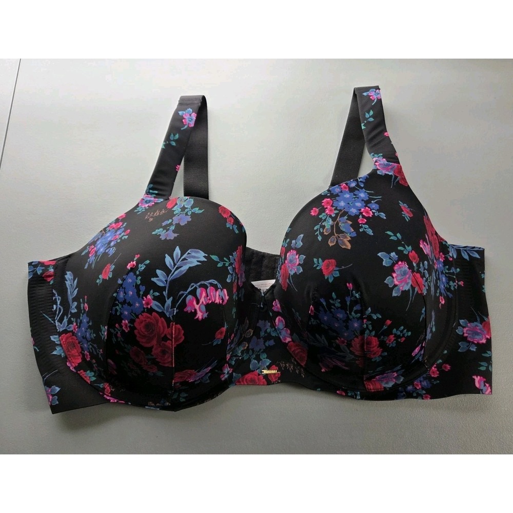 Cacique Lightly Lined Balconette Bra‎ Size 46DDD Black Floral Underwire